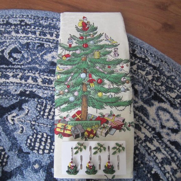 Spode Christmas Tree Fabric Shower Curtain and 12 Hooks--NIP - Picture 4 of 10